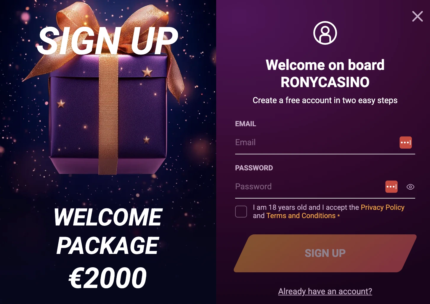 Registratie bij Rony Casino
